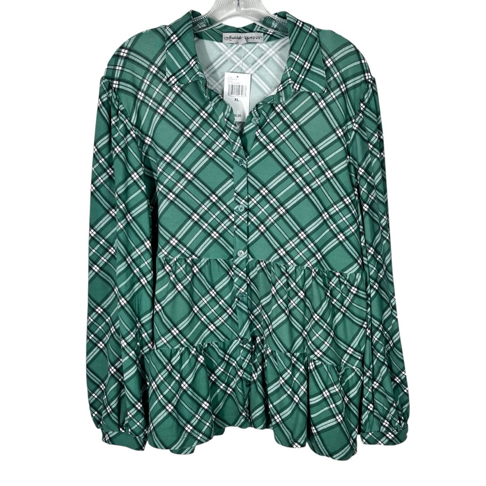 Absolutely Famous Green Plaid Tiered Fit & Flare Button Down Blouse NWT Preppy